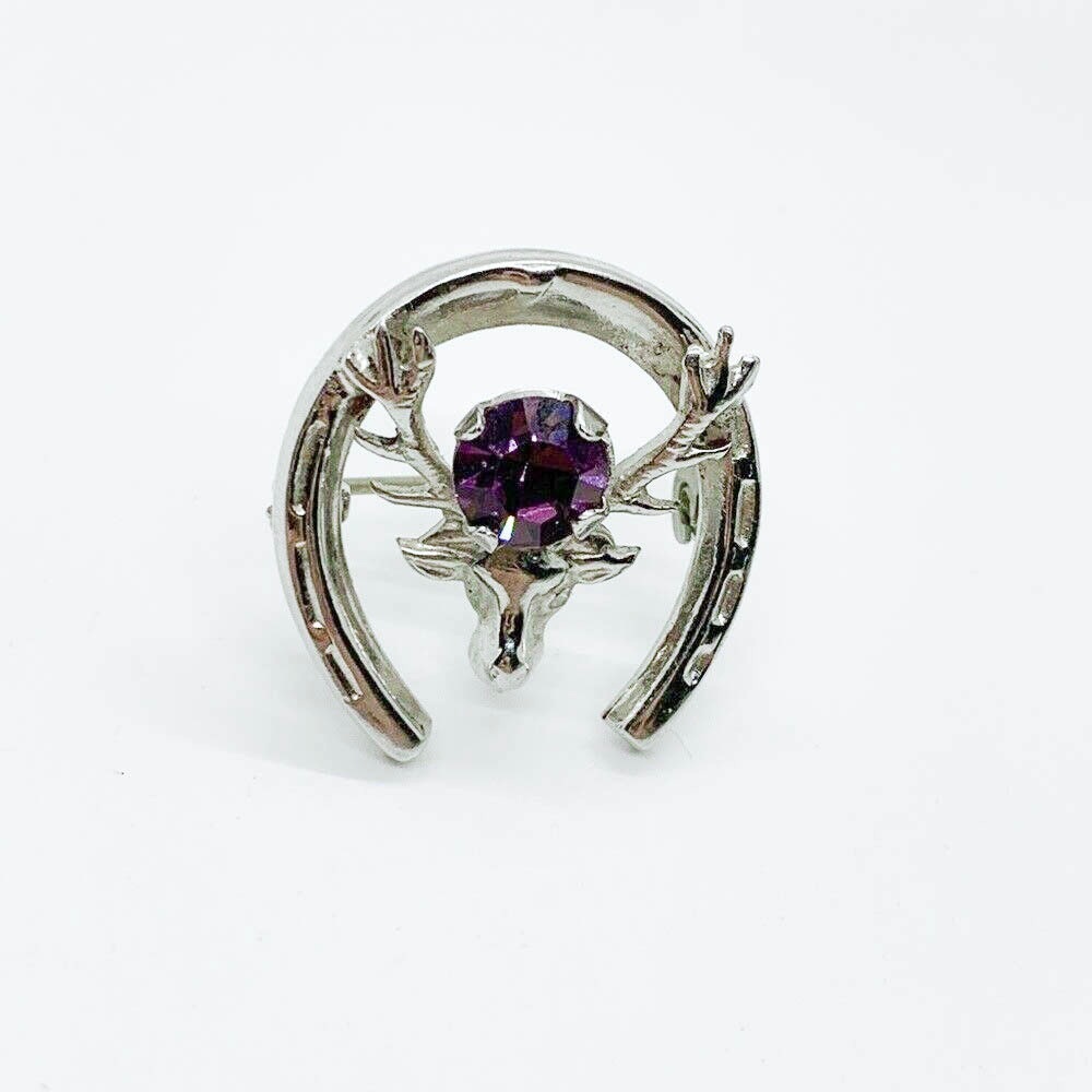 Vintage Mizpah Scottish Stag Horseshoe Purple Crystal Brooch, Clan